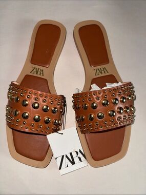 Tan Slide Sandals with Gold Stud Embellishments